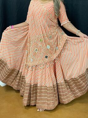 Embroidered Peach Striped Maxi Dress with Mirror Detail